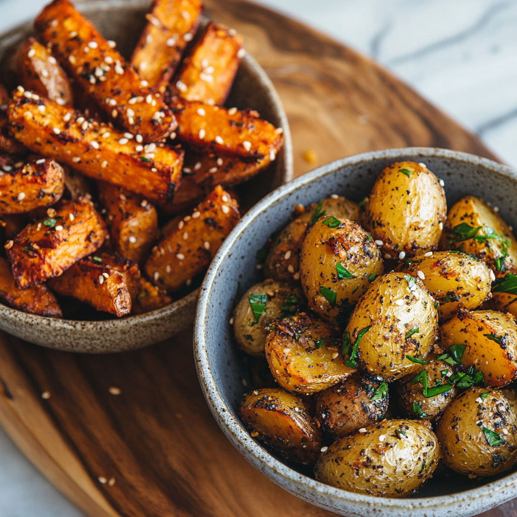 chicken teriyaki sides with roasted potatoes and sweet fries
