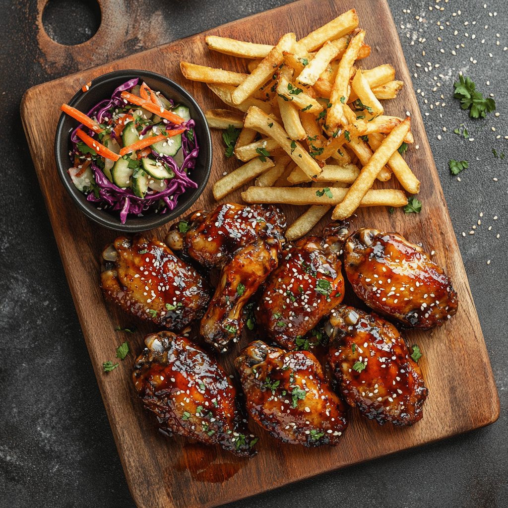 chicken teriyaki sides with wings and party appetizers