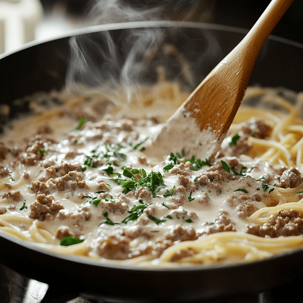 creamy beef and garlic butter pasta cooking in skillet