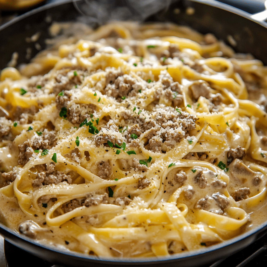 creamy beef and garlic butter pasta sauce with cream and parmesan