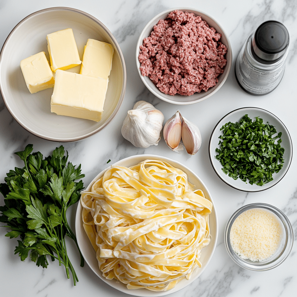 creamy beef and garlic butter pasta ingredients displayed in separate dishes