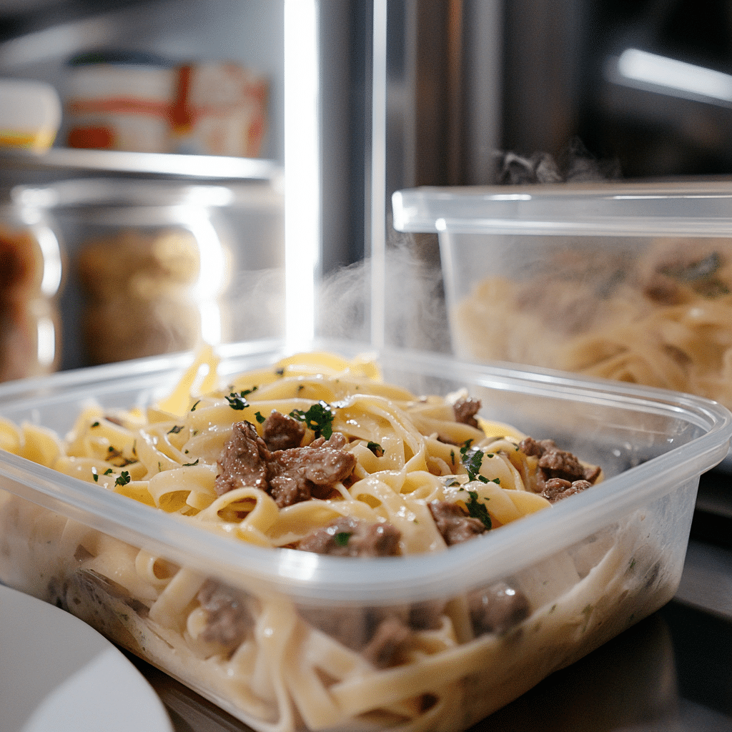 creamy beef and garlic butter pasta stored in container