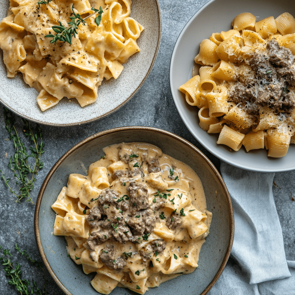creamy beef and garlic butter pasta served with pasta variety