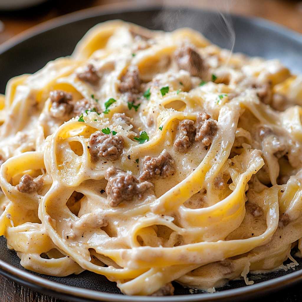 creamy beef and garlic butter pasta served hot