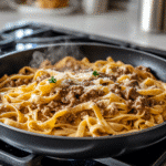 Skillet of creamy beef and garlic butter pasta with ground meat, mushrooms, and parmesan cheese, served hot on a stovetop.