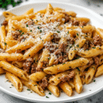 A plate of one pot creamy beef and garlic butter pasta with penne, ground beef, grated Parmesan, and herbs, served on a white dish.