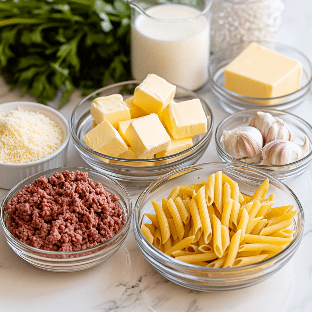 Ingredients for one pot creamy beef and garlic butter pasta with penne on a marble kitchen island