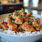 Close-up of Panda Express teriyaki chicken served over white rice, topped with sesame seeds and chopped green onions.