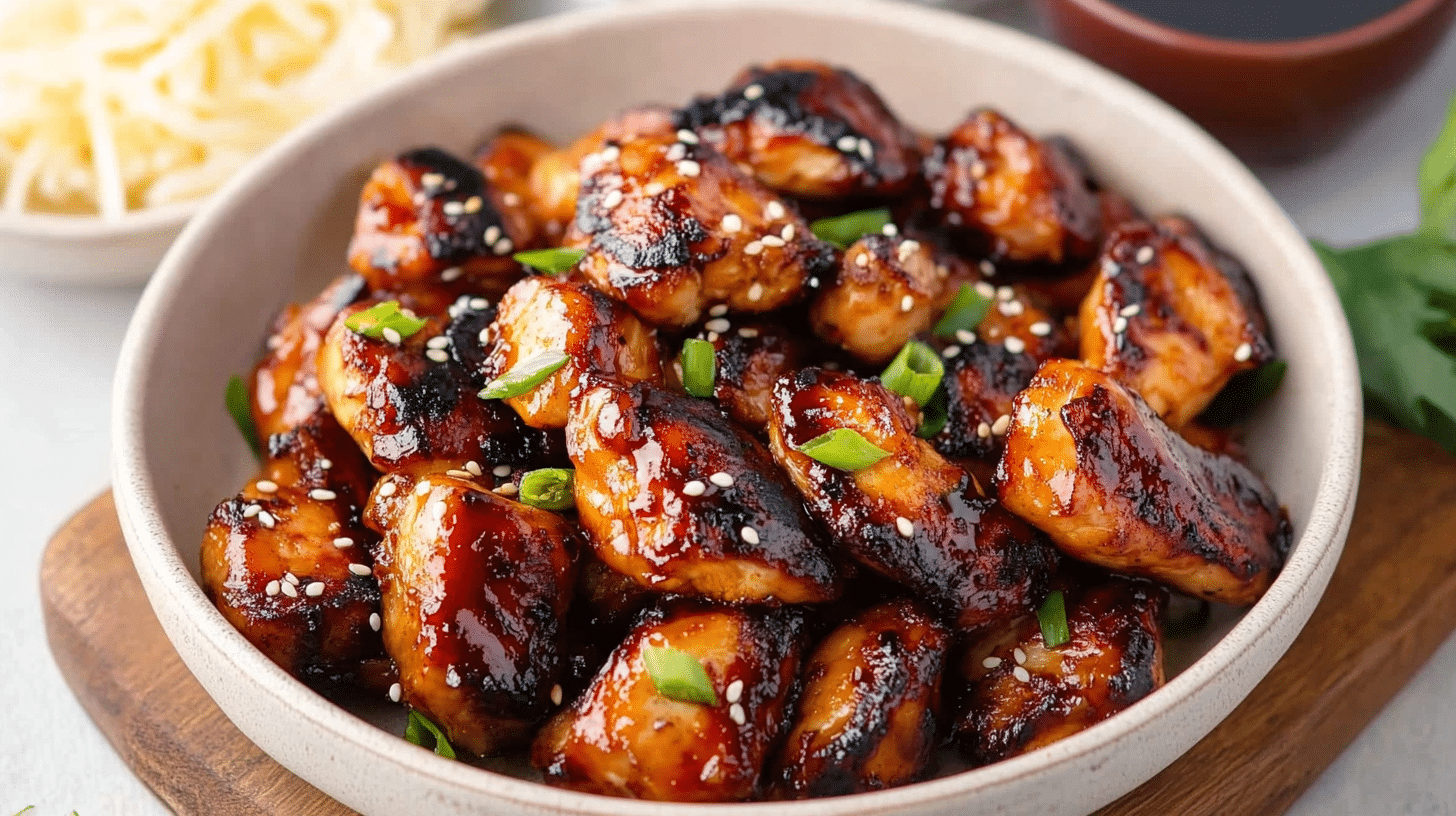 Air fryer teriyaki chicken glazed with a shiny, caramelized sauce, garnished with sesame seeds and green onions in a ceramic bowl.