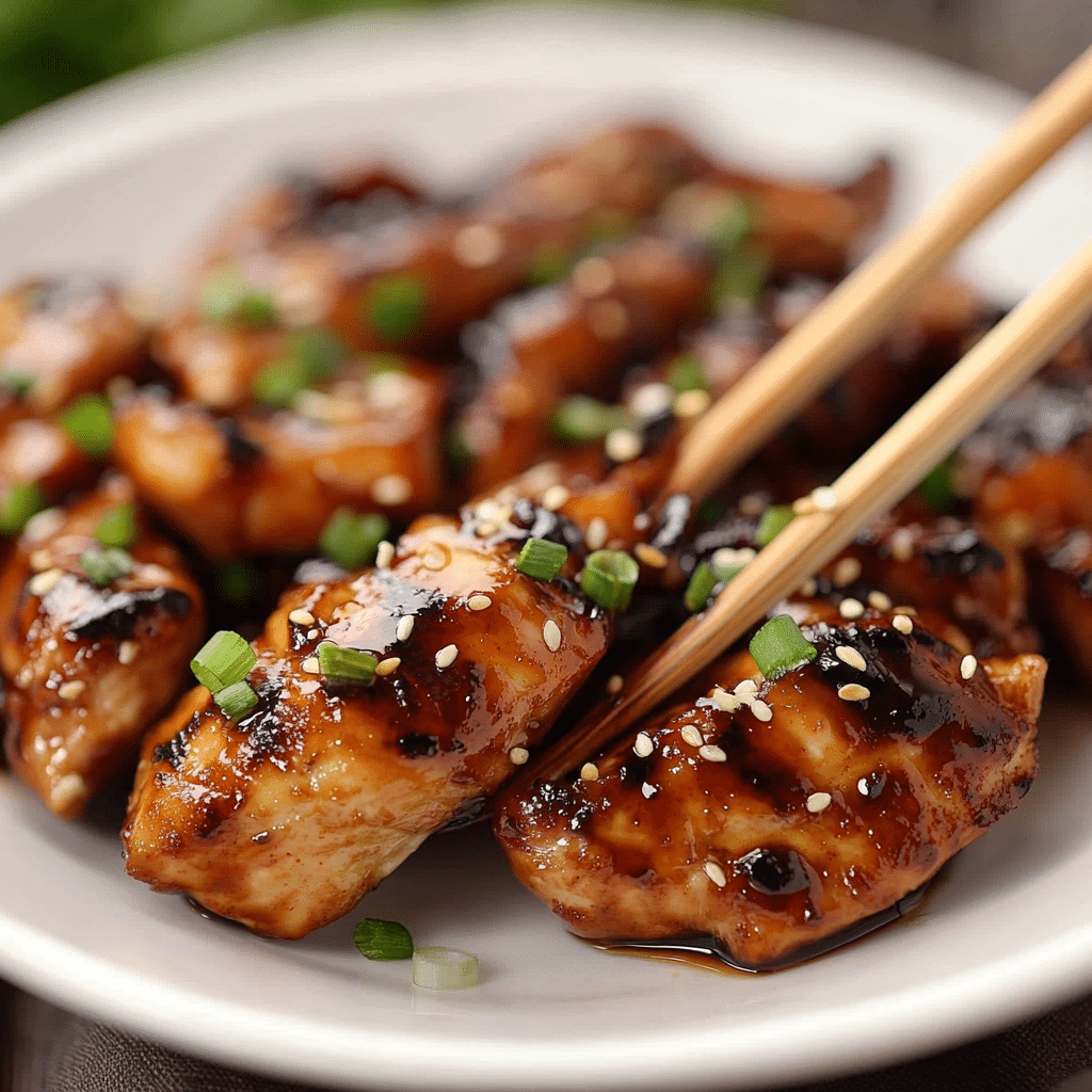 Close-up of air fryer teriyaki chicken pieces with glossy glaze, picked up with chopsticks, garnished with sesame seeds and green onions.