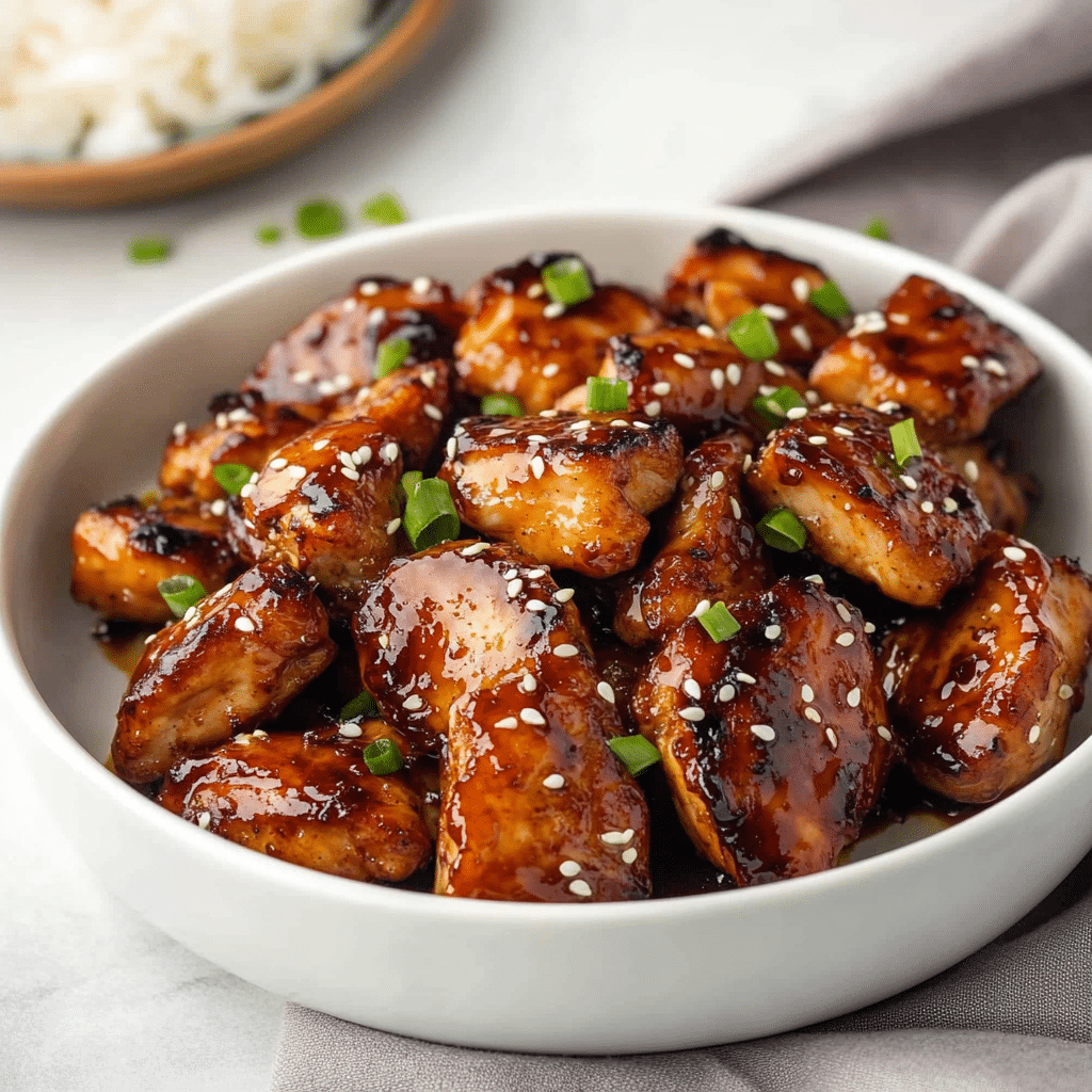 Air fryer teriyaki chicken pieces in a white bowl, glazed with thick sauce and topped with sesame seeds and chopped green onions.