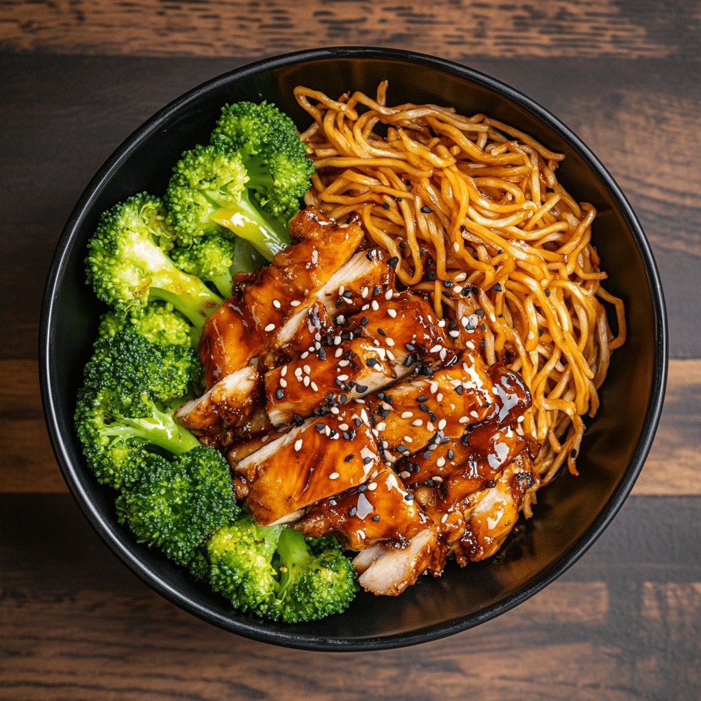Panda Express teriyaki chicken bowl with noodles and broccoli