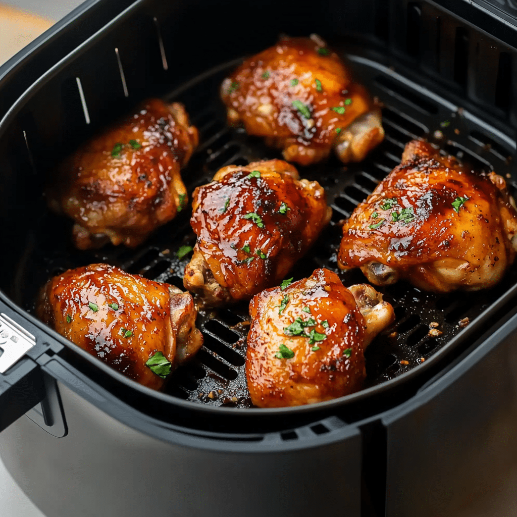 air fryer teriyaki chicken thighs cooking with caramelized glaze