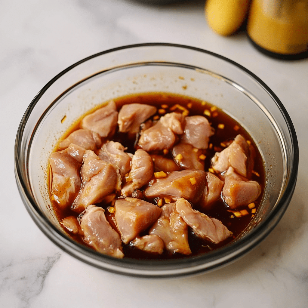 Marinating air fryer teriyaki chicken pieces in a glass bowl with rich soy-based sauce, garlic, and ginger on a marble surface.
