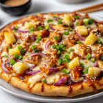Close-up of teriyaki chicken pizza with pineapple, red onions, green onions, and sesame seeds