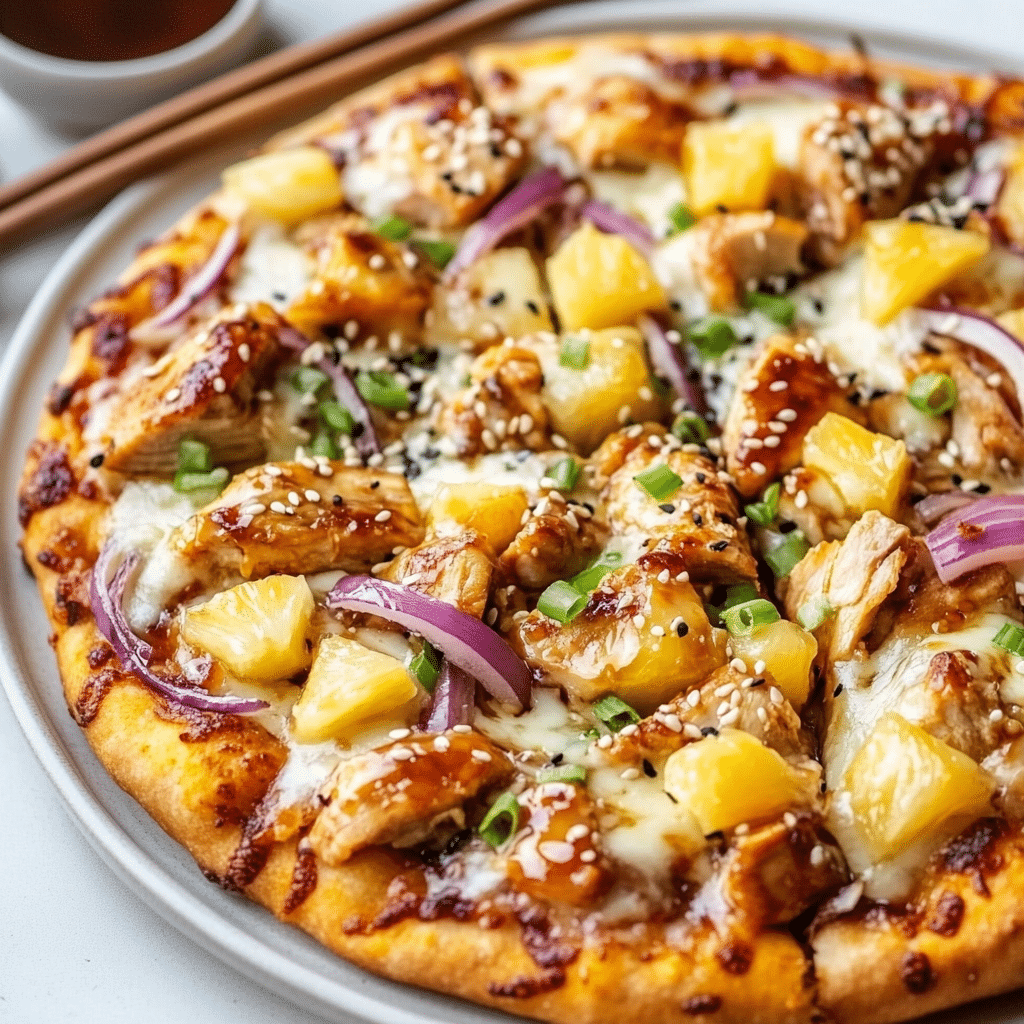 Teriyaki chicken pizza topped with pineapple, sesame seeds, red onion, and melted cheese on ceramic plate