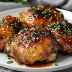 Glazed air fryer teriyaki chicken thighs served on a white plate, garnished with sesame seeds and fresh green herbs.