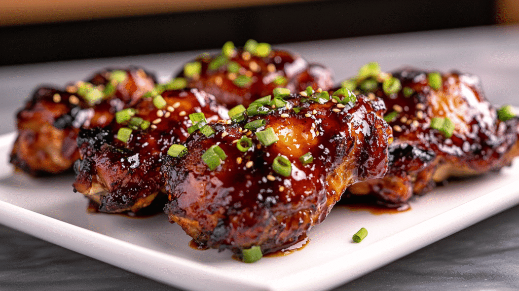 Crispy air fryer teriyaki chicken thighs coated in rich glaze, garnished with sesame seeds and fresh chopped green onions on a white plate.