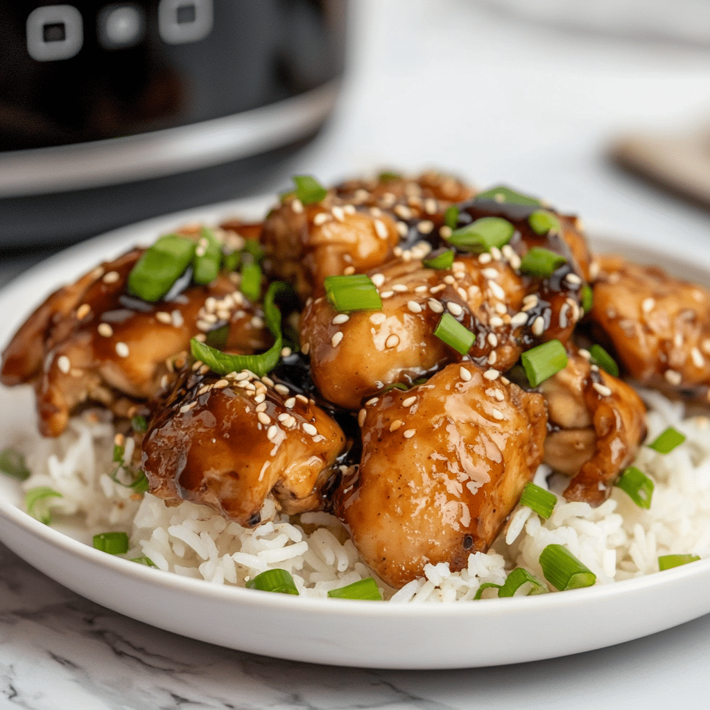 Cooked air fryer teriyaki chicken served on a bed of white rice, topped with sesame seeds and chopped green onions.