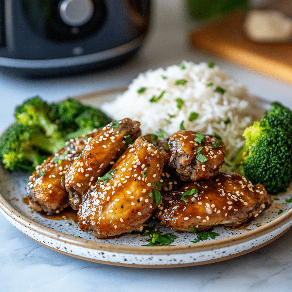 air fryer teriyaki wings with rice and vegetables
