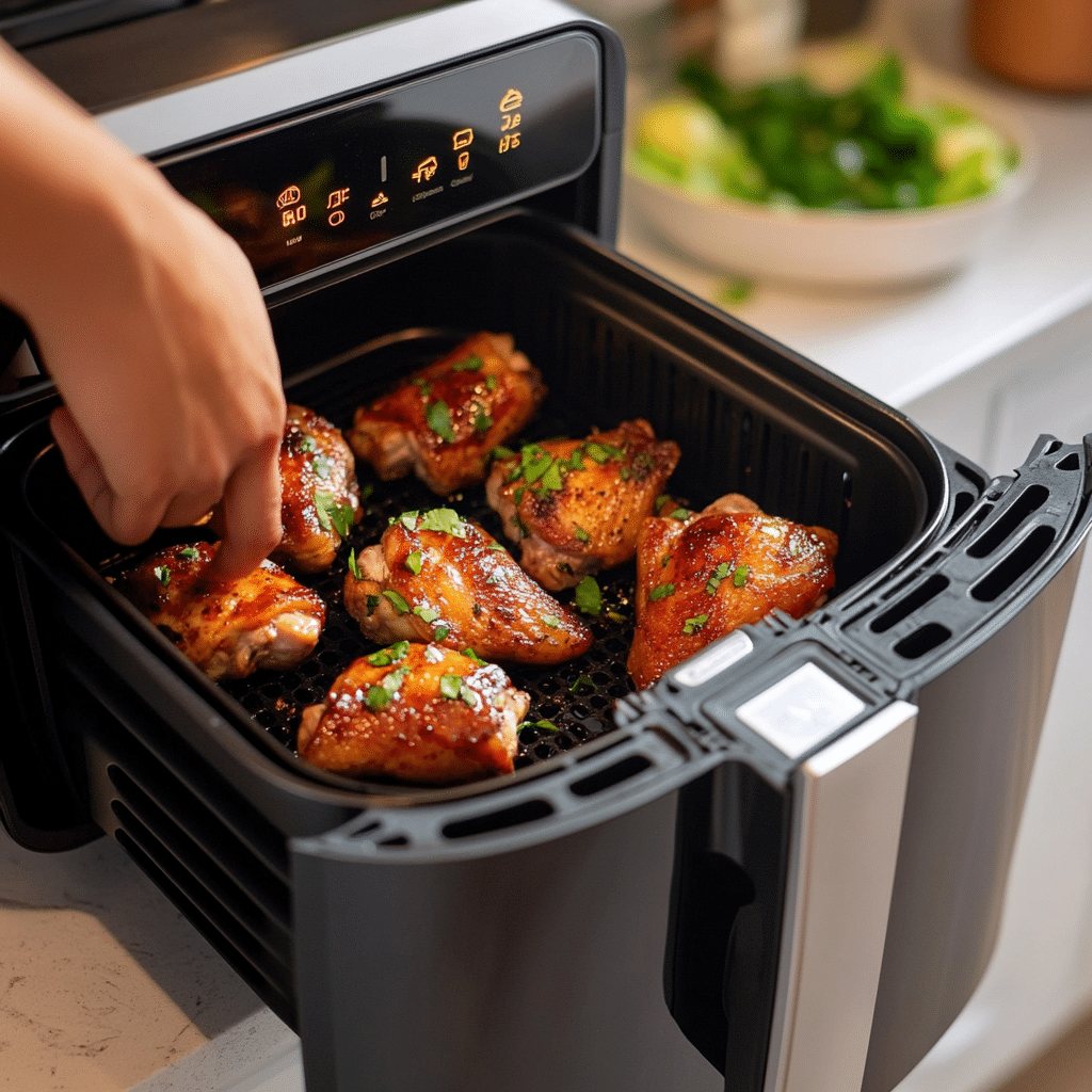 placing air fryer teriyaki chicken thighs into the basket before cooking