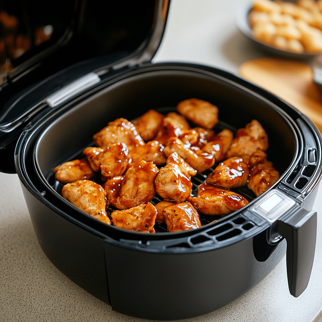 Raw air fryer teriyaki chicken pieces coated in sauce, arranged in the air fryer basket before cooking.