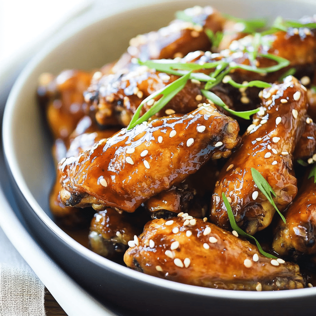Teriyaki chicken wings cooked in an air fryer, topped with sesame seeds and garnished with green onions in a serving bowl.