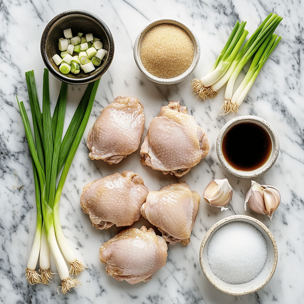 raw ingredients for air fryer teriyaki chicken thighs on marble countertop