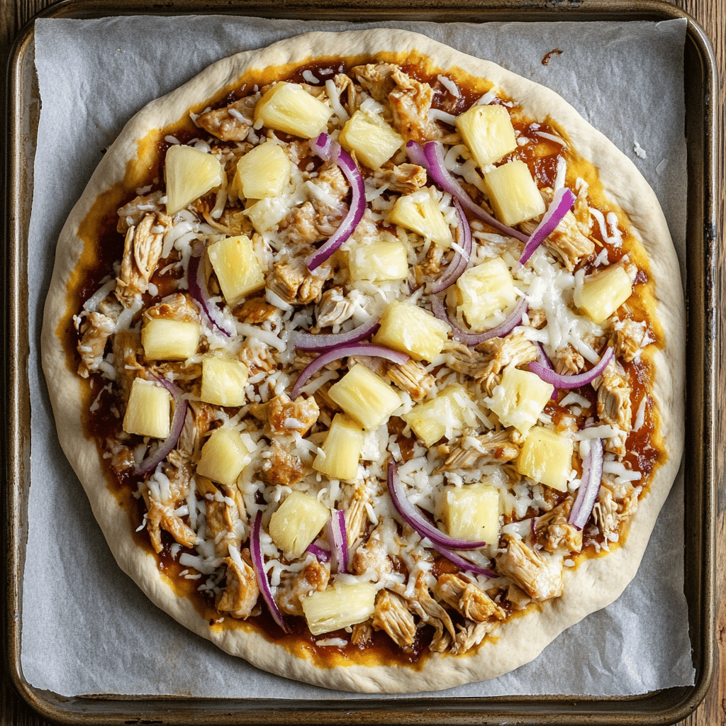 Unbaked teriyaki chicken pizza topped with sauce, chicken, and cheese