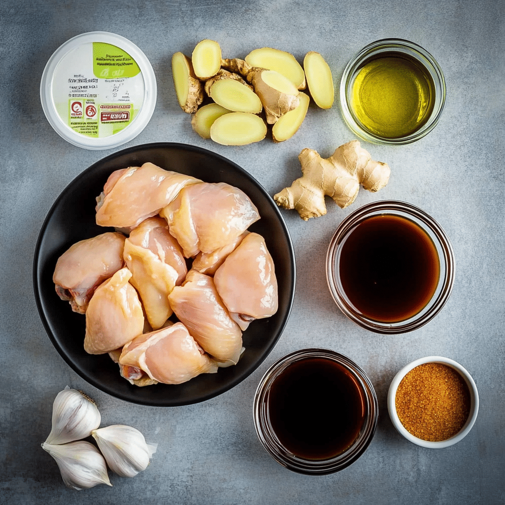 Flatlay of ingredients for air fryer teriyaki chicken, including raw chicken thighs, soy sauce, ginger, garlic, oil, sugar, and paste in bowls.