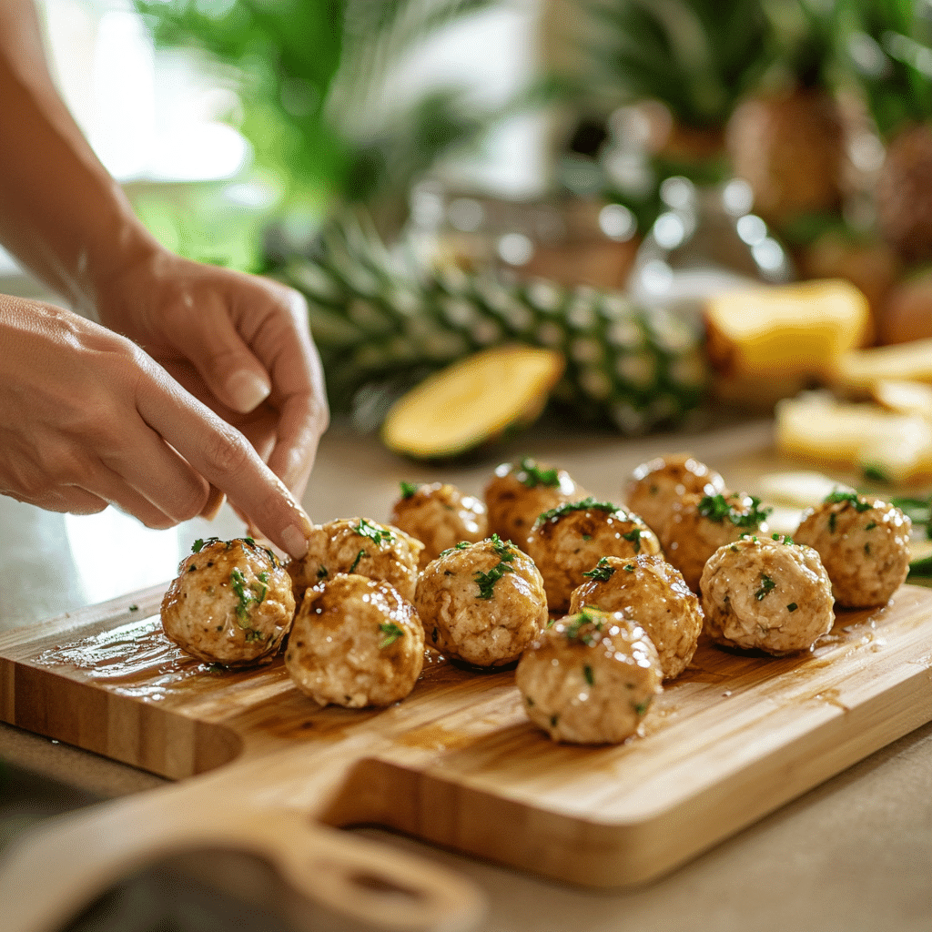 preparing pineapple teriyaki chicken meatballs in modern kitchen