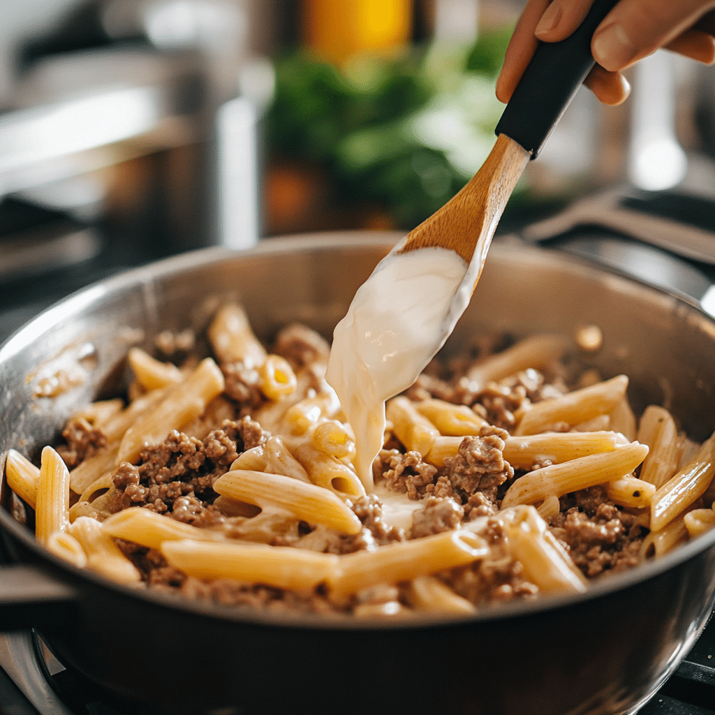 Preparing one pot creamy beef and garlic butter pasta with penne in a single pot