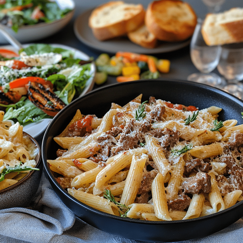 One pot creamy beef and garlic butter pasta with penne served with garlic bread and salad