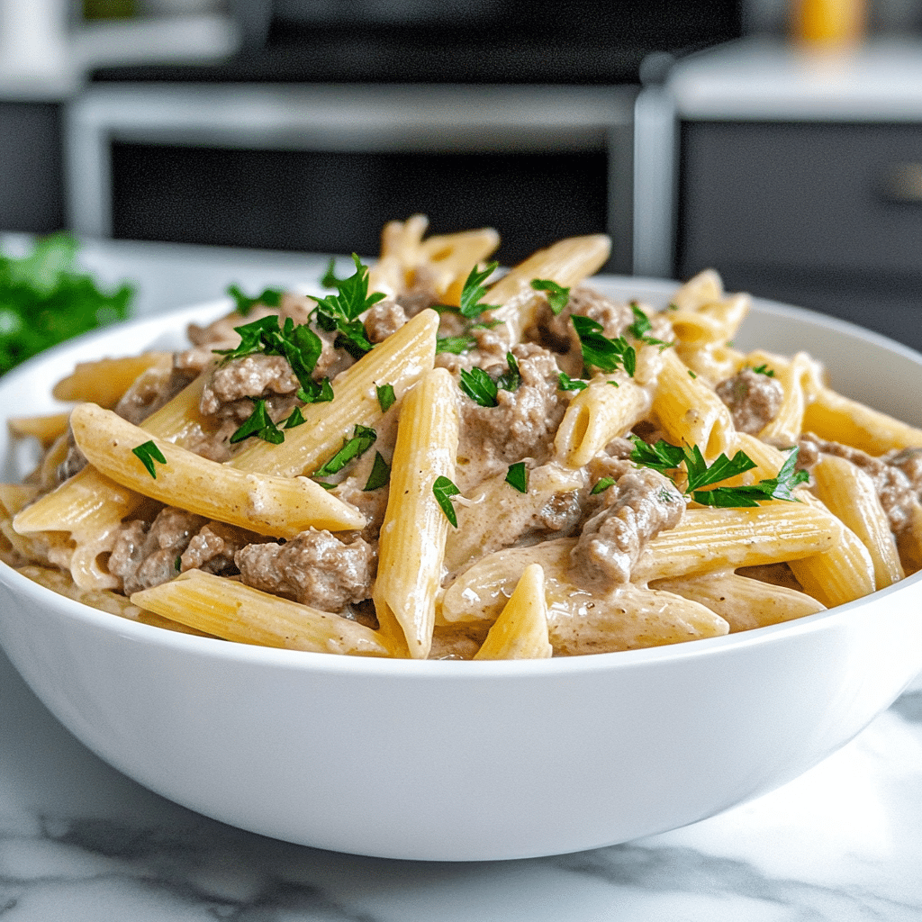 One pot creamy beef and garlic butter pasta with penne served fresh in a modern kitchen