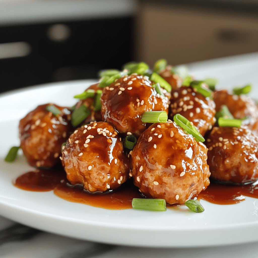 pineapple teriyaki chicken meatballs on ceramic plate in elegant kitchen