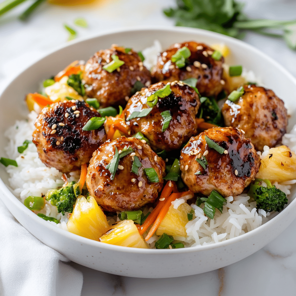 pineapple teriyaki chicken meatballs with rice and vegetables