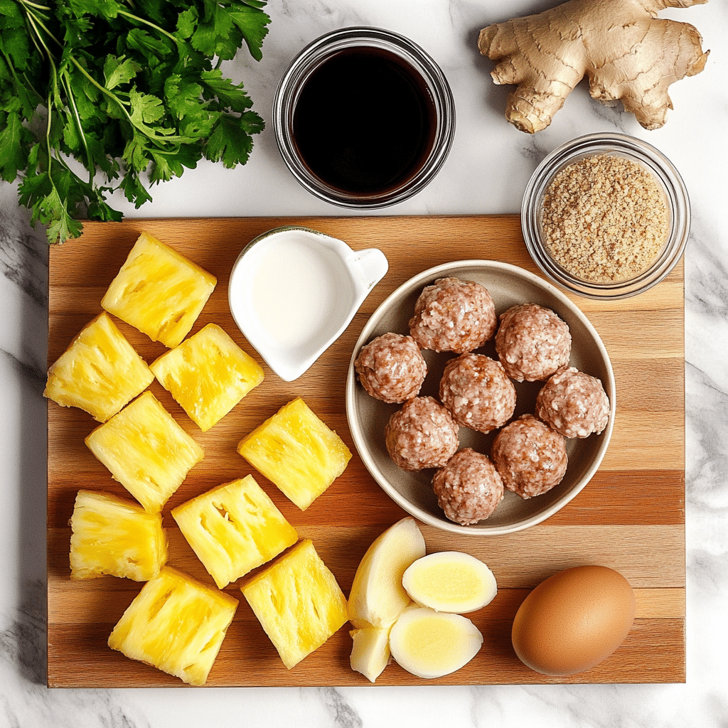 pineapple teriyaki chicken meatballs ingredients in elegant kitchen