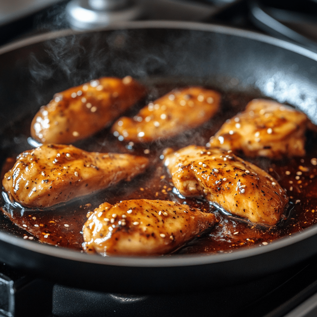 cooking spicy teriyaki chicken in skillet