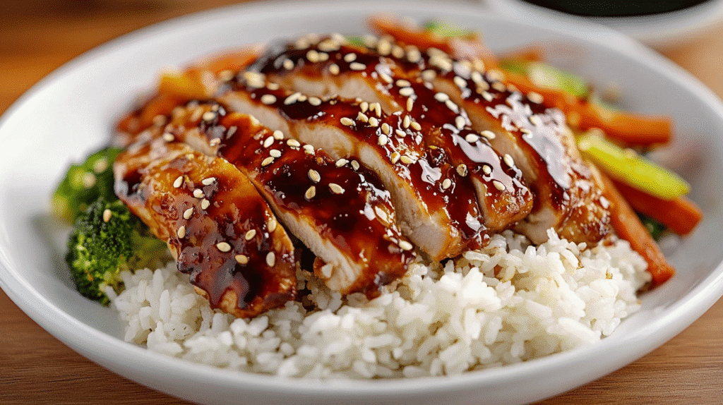 spicy teriyaki chicken served with rice and vegetables