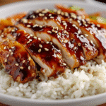 spicy teriyaki chicken served with rice and vegetables