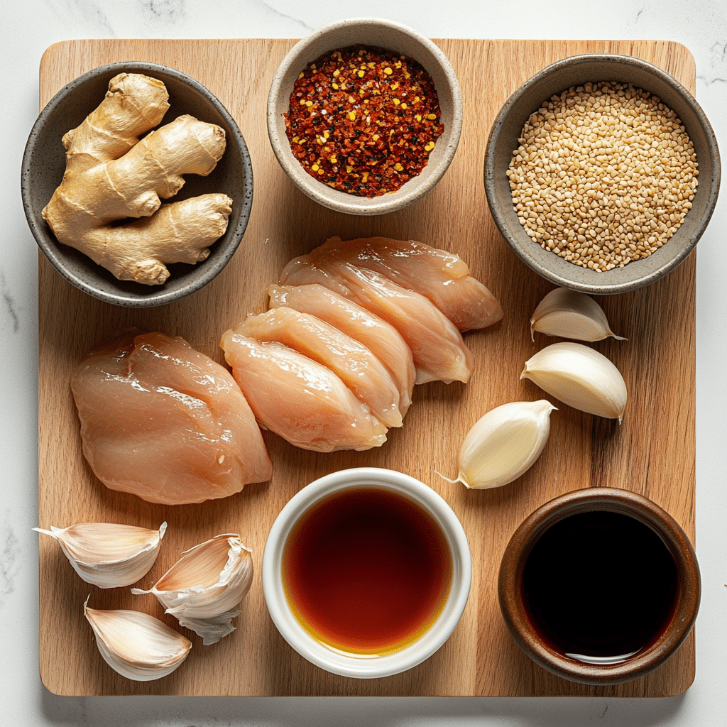 spicy teriyaki chicken ingredients in bowls