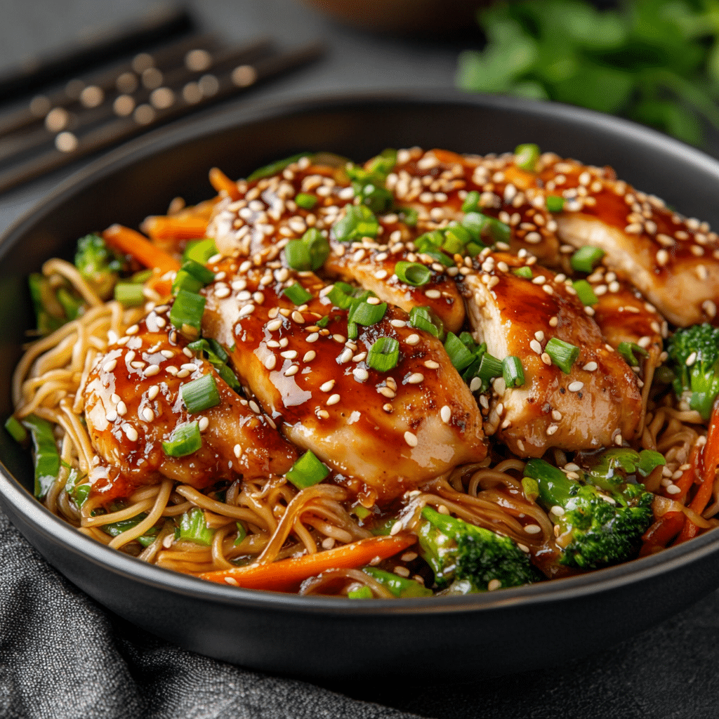 spicy teriyaki chicken served with noodles and vegetables