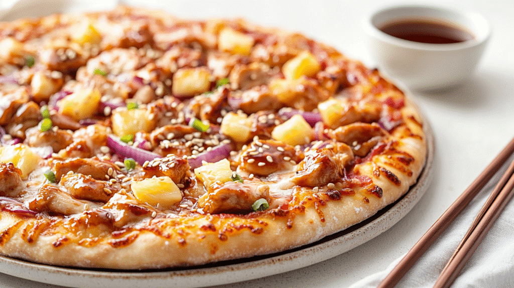 Teriyaki chicken pizza with pineapple, red onions, and sesame on ceramic plate