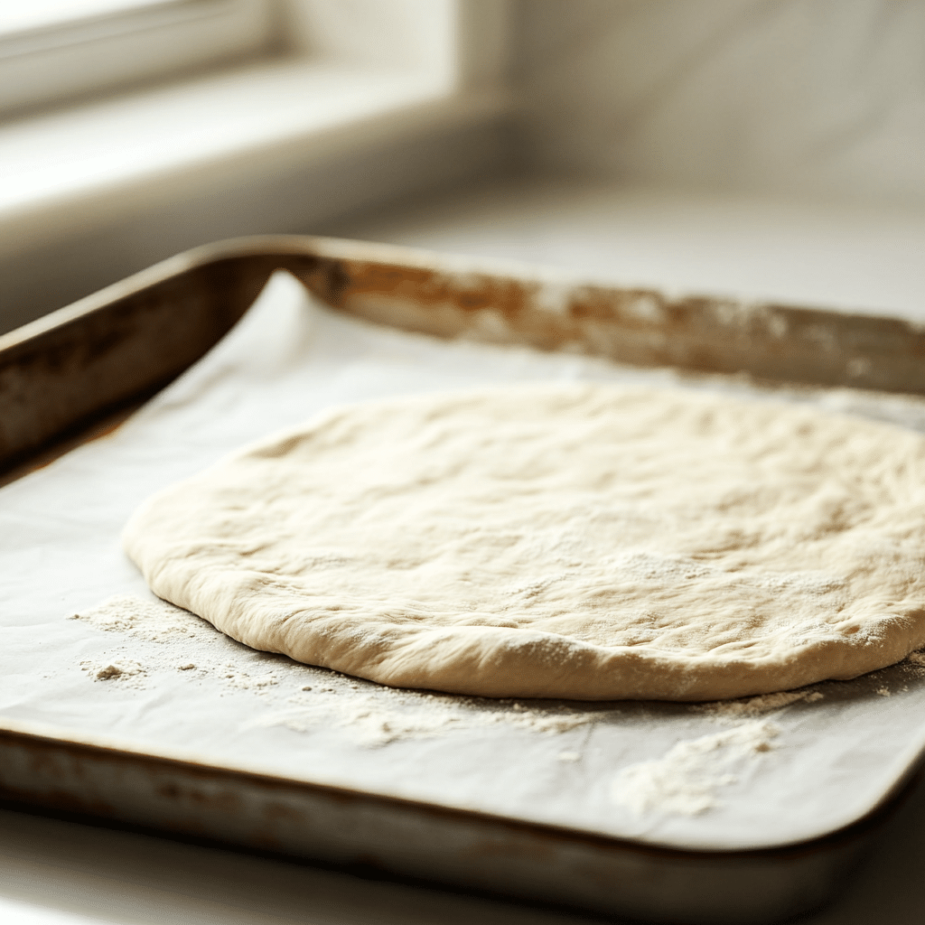Pizza dough stretched on parchment paper for teriyaki chicken pizza