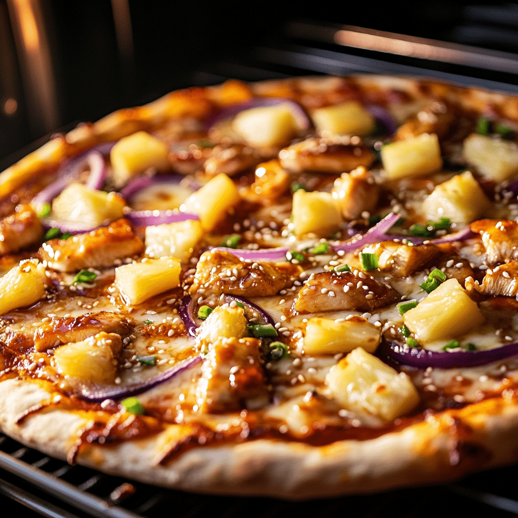Teriyaki chicken pizza baking in oven with bubbling cheese and golden crust