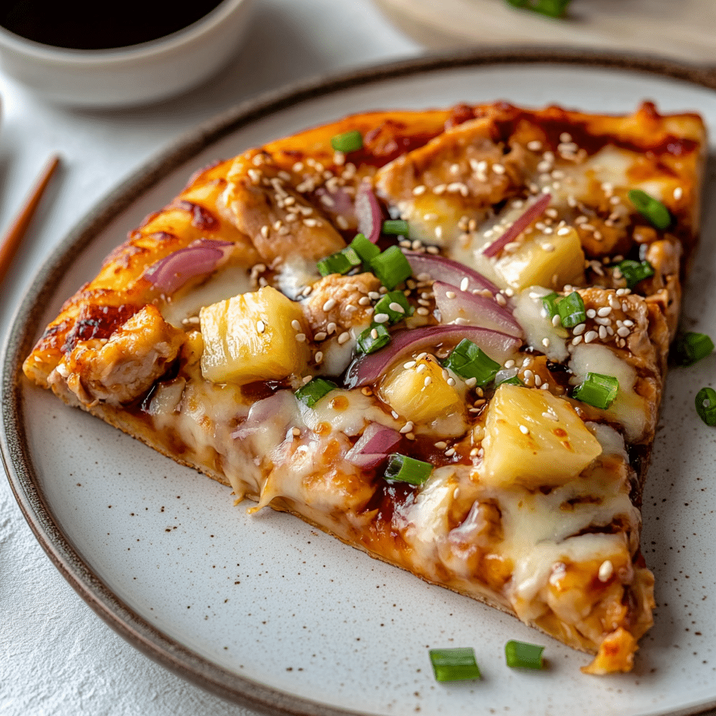 Slice of teriyaki chicken pizza served with sesame, green onions, and dipping sauce