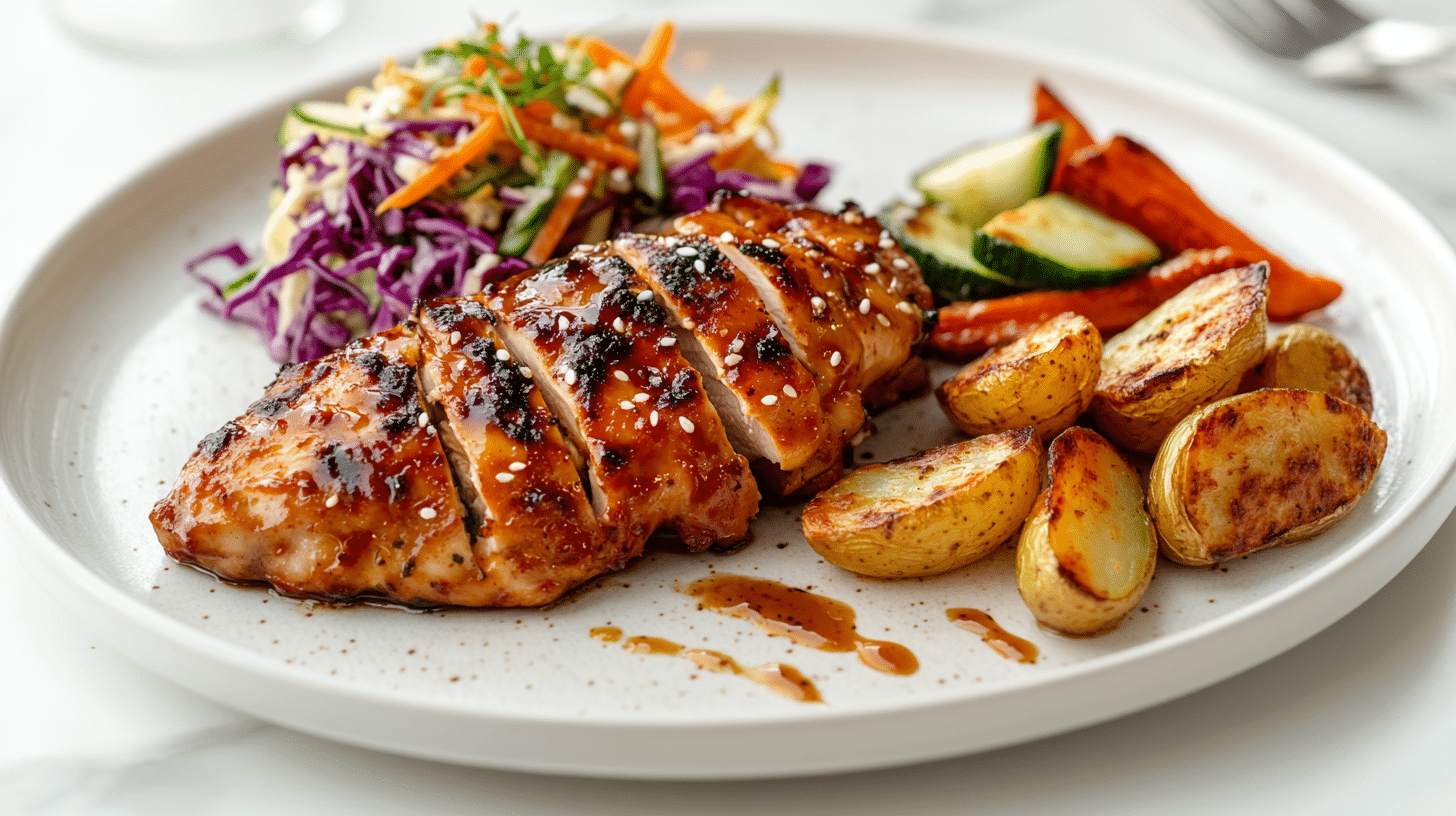 Teriyaki chicken with veggies and crispy potatoes showing what goes good with teriyaki chicken besides rice