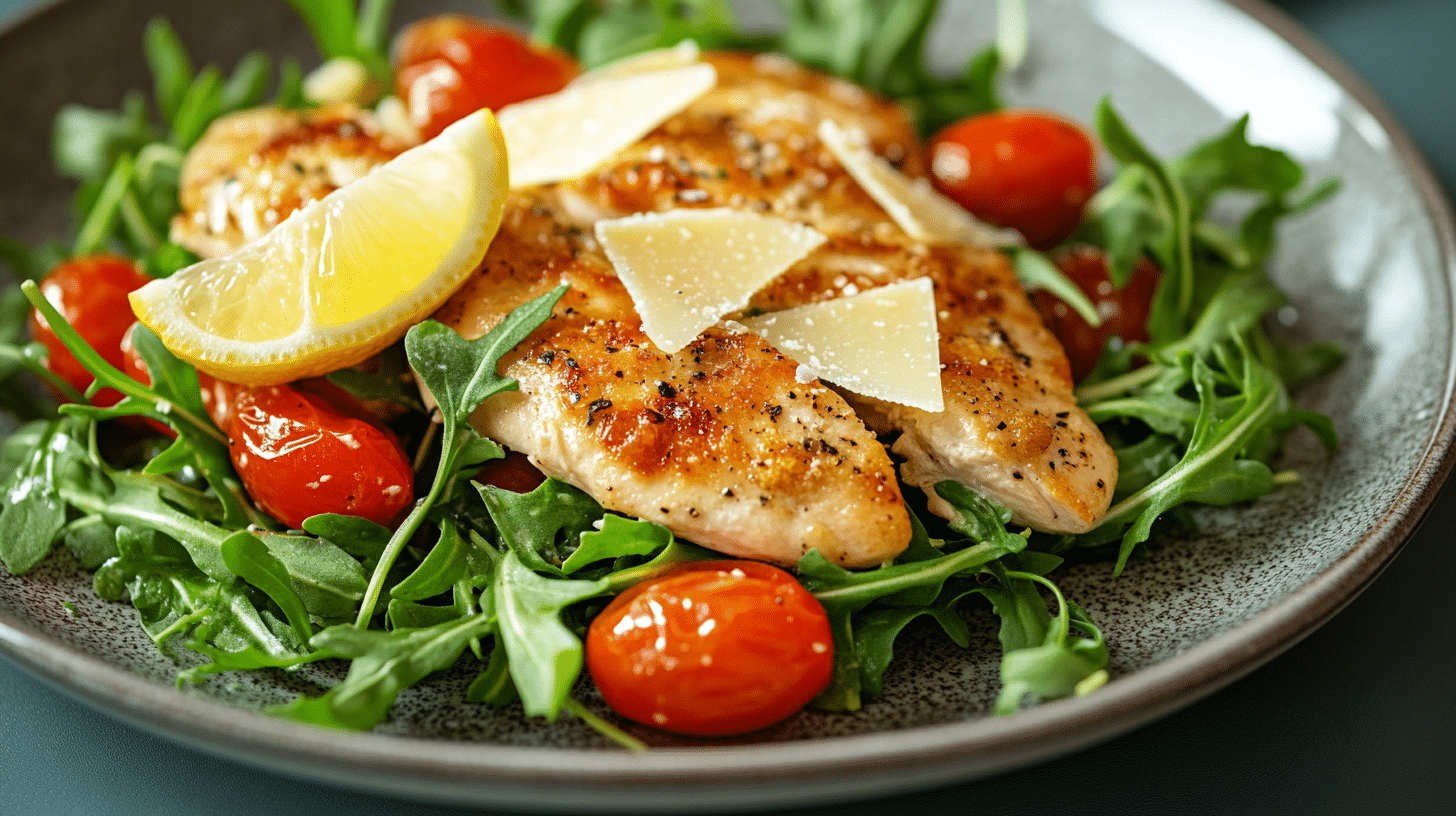 Chicken paillard served with arugula and parmesan