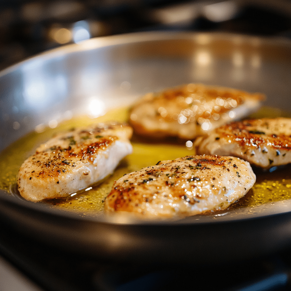 Chicken paillard searing in skillet