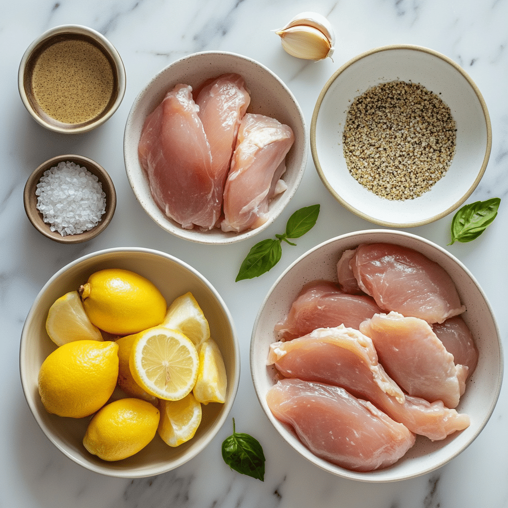 Chicken paillard ingredients laid out on modern counter